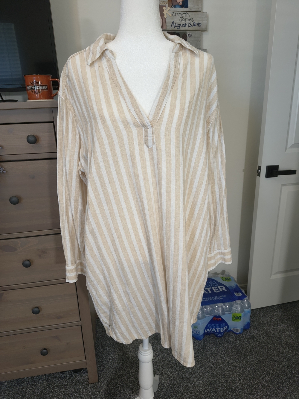 Beige and White Linen-Rayon Dress